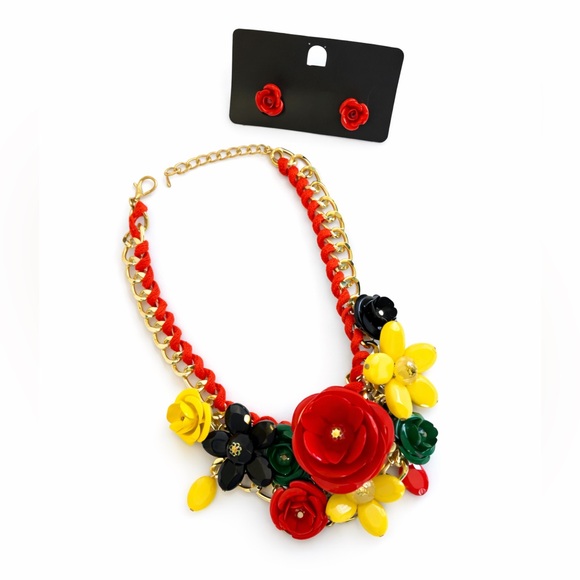 Unk Jewelry - Statement Necklace Floral with Earrings red yellow green